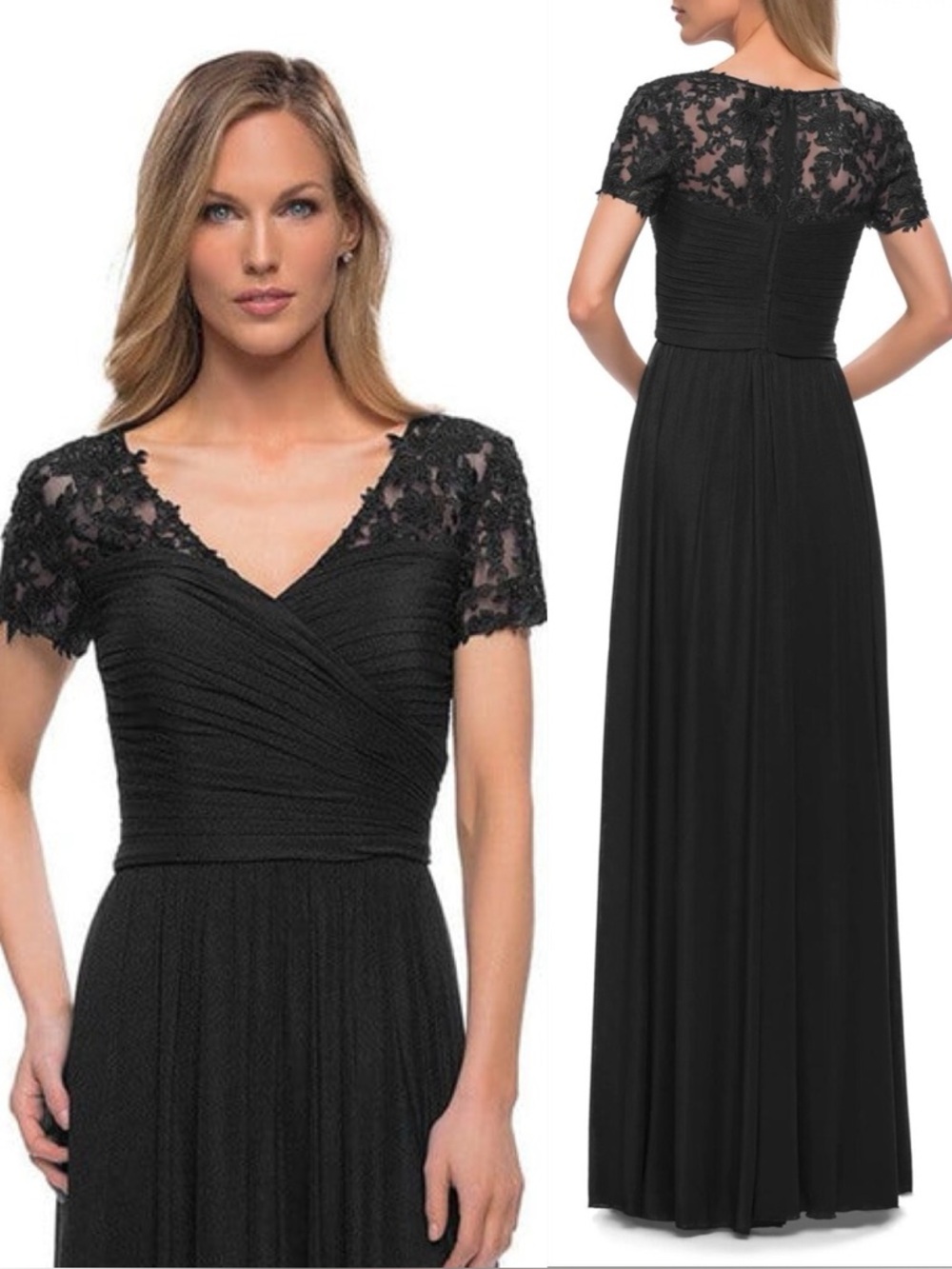 La Femme Black Lace Short Sleeve V-Neck A Line Maxi Dress